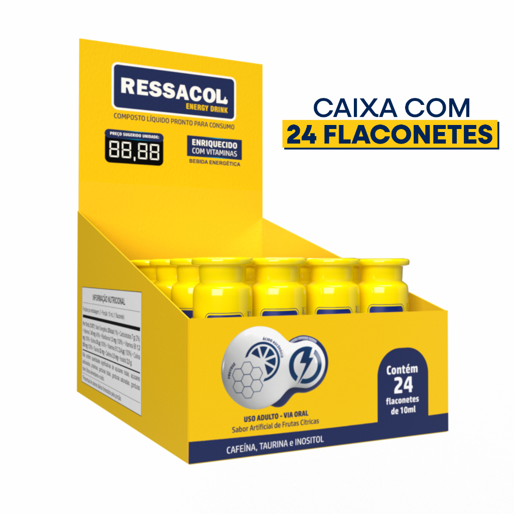 Ressacol Energy Drink  24 Flaconetes Frutose Colina Vitamina B6 B7 B12 C Cafeína Taurina Inositol