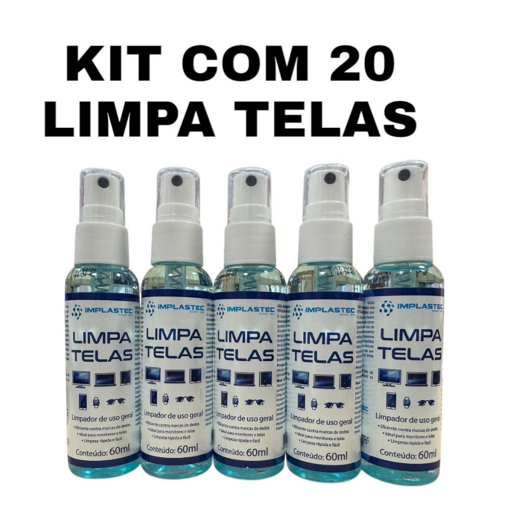 KIT 20 Sprays Limpa Telas Tira Manchas Poeira Monitor Celular Tv Note 60ml Flanela Implastec