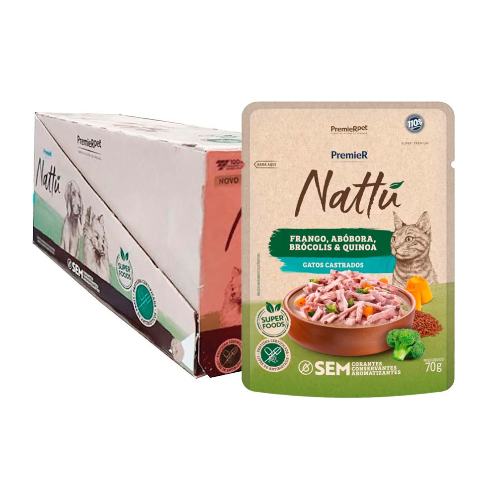 Kit 20un. Ração Úmida Premier Nattu Sachê Gatos Castrados Frango, Abóbora, Brócolis e Quinoa 70g em Oferta na Shopee