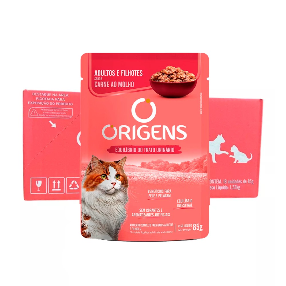 Kit 18un. Ração Úmida Origens Sachê Gatos Adultos e Filhotes Sabor Carne ao Molho 85g em Oferta na Shopee