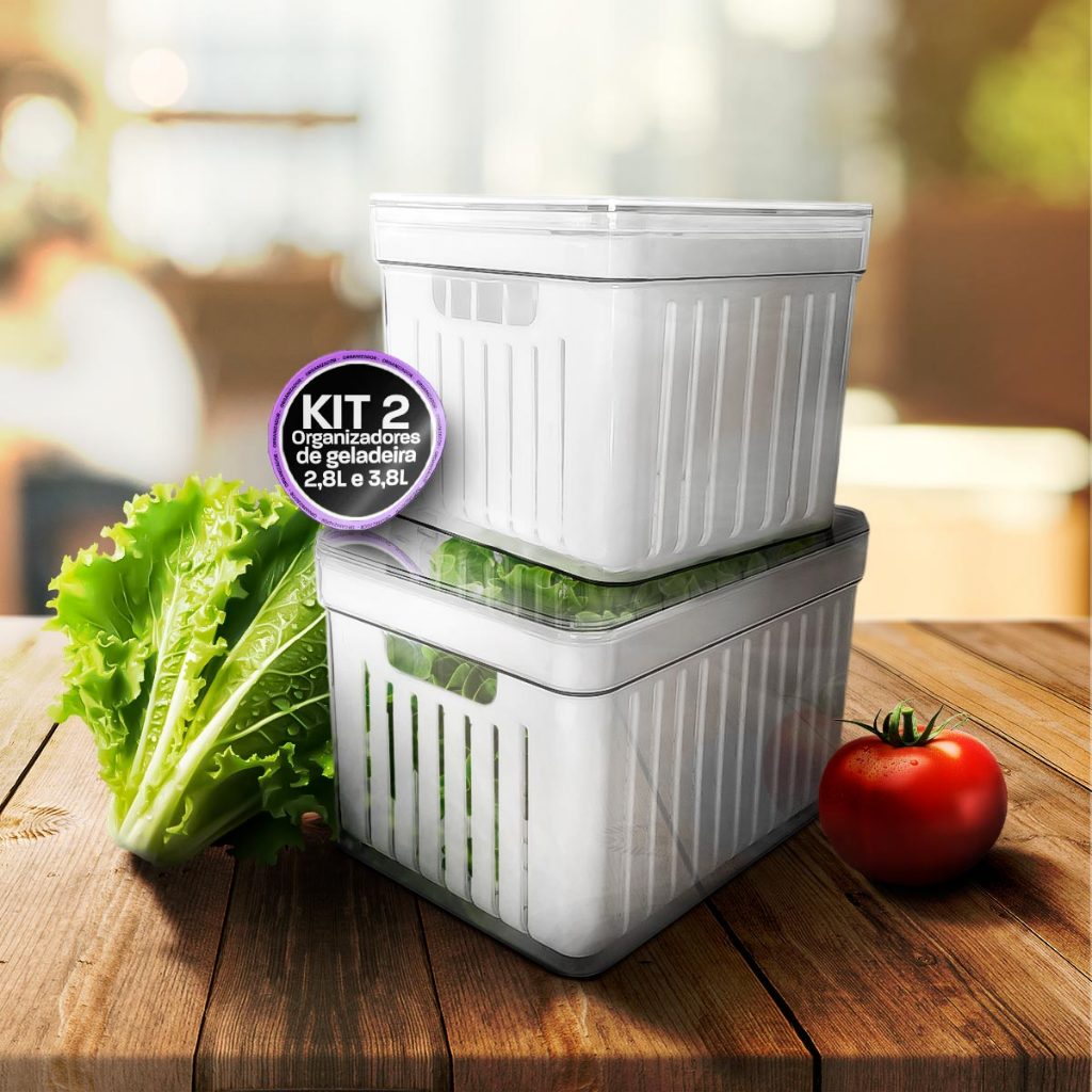 Kit 2 Organizador Geladeira Com Cesta Frutas Legumes 3 Litros Vegetais Controle de Ar