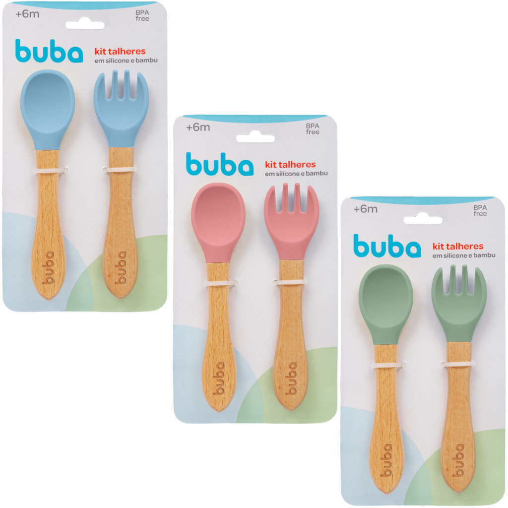 Talheres em Silicone com cabo de Bambu - Buba - alimentação - bebê em Oferta na Shopee