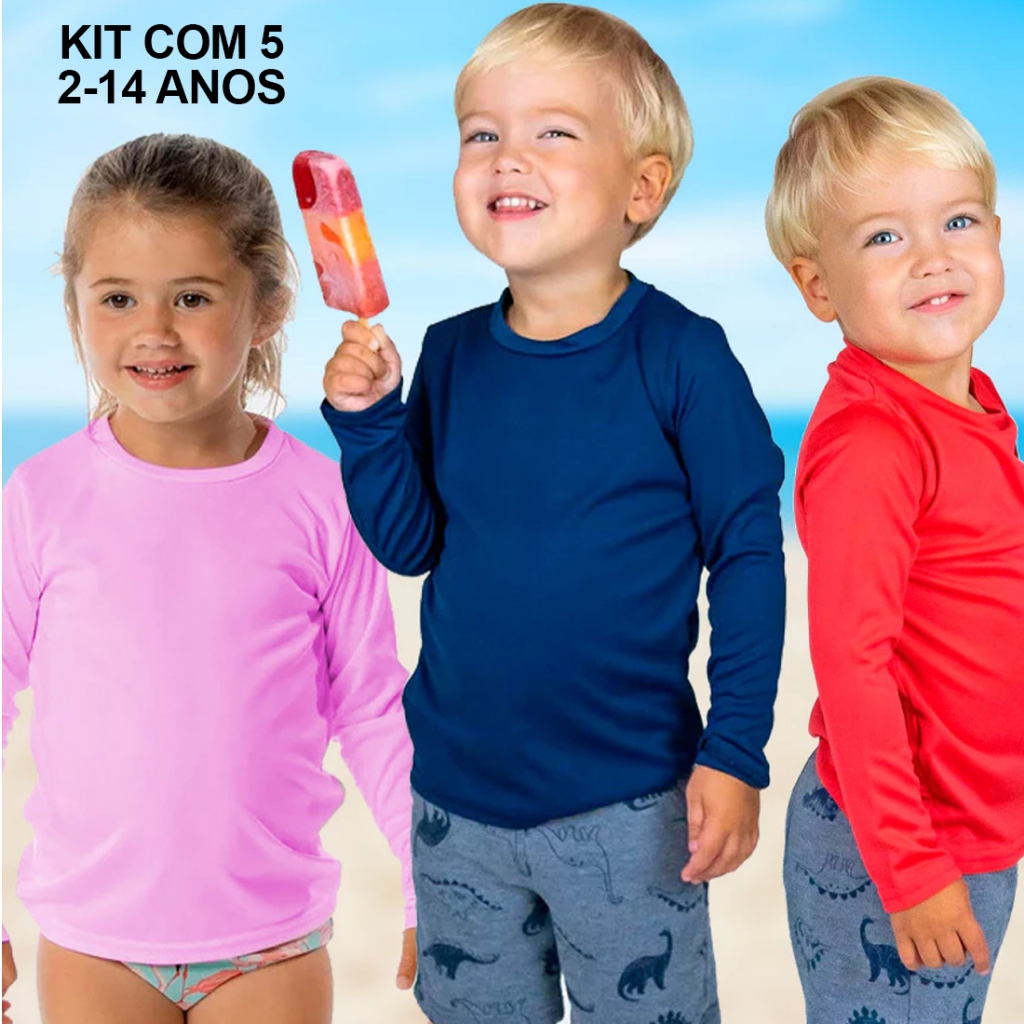 Kit com 5 Camisetas Proteção UV+50 Infantil Meninos e Meninas Cores Lindas