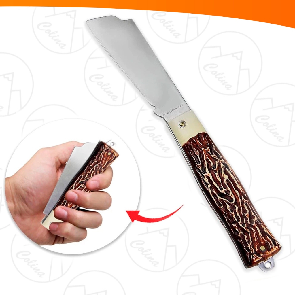 Canivete de Bolso Retrátil Ponta Larga Aço Inox Pica Fumo Pesca Roça Camping Dobrável 3,5"