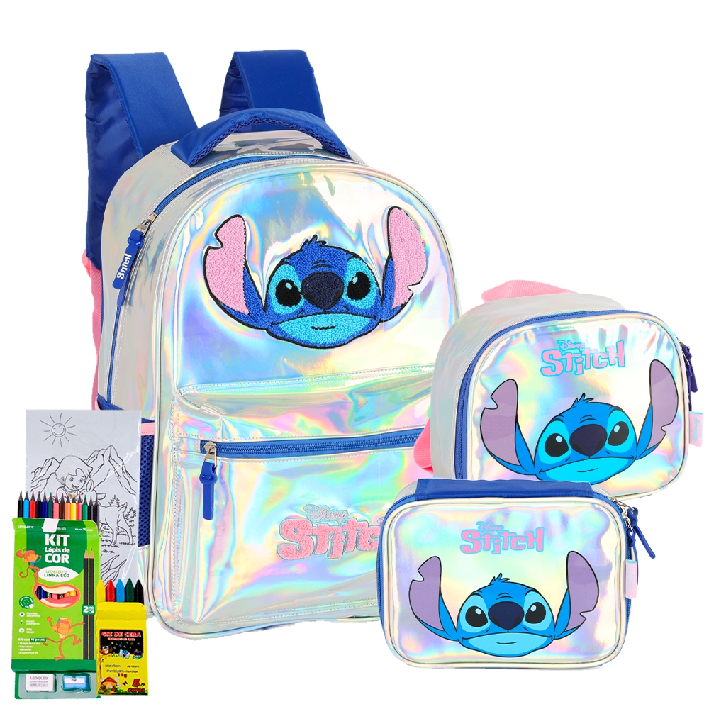 Kit Mochila Estojo Lancheira Alças Stitch Disney Kids Brilho Infantil Escolar Meninas Holográfica em Oferta na Shopee