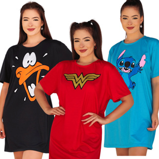 Camisola Plus Size Estampada Divertida/ Camisão Dormir Mulher Maravilha Lilo Patolino Snoopy em Oferta na Shopee