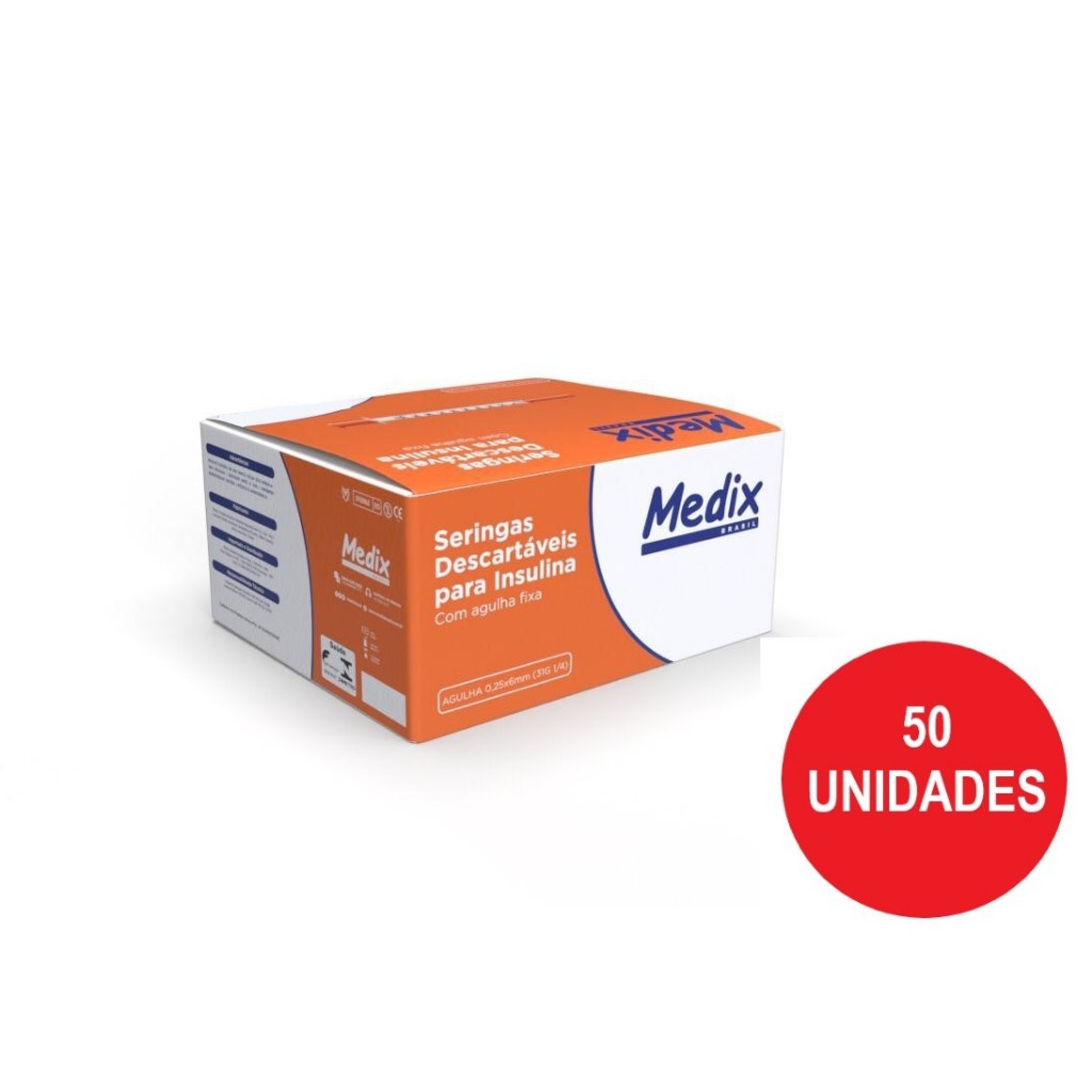 Seringa Descartável Para Insulina 6 x 0.25 31 G¼ 1mL 100 UI Com 50 Unidades Medix