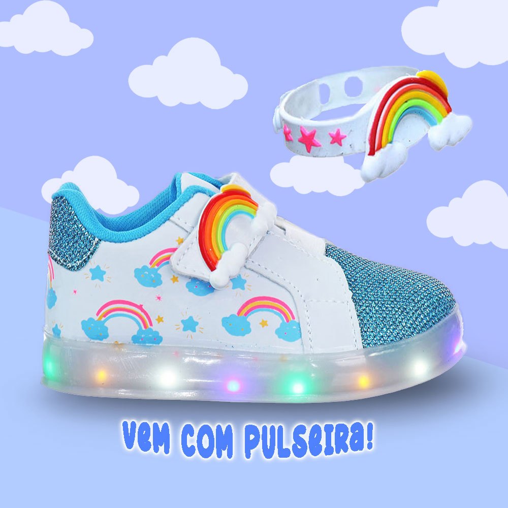 Tenis Calçado Nuvem Arco Iris Led Luz Infantil Menina Com Pulseira Crianca