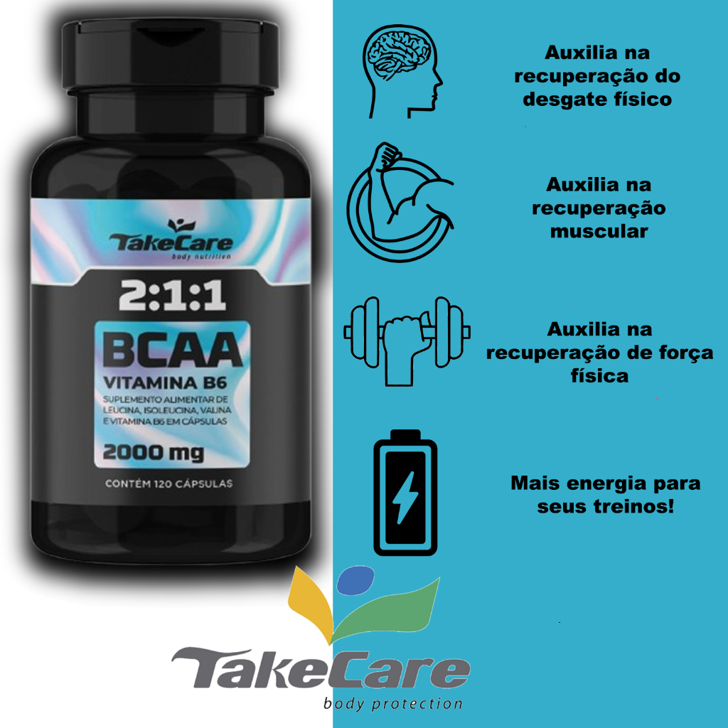 Bcaa 2:1:1 + Vitamina B6 2000mg 120 Cápsulas Take Care