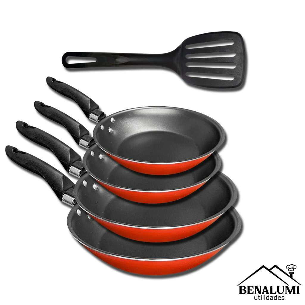 Kit Frigideira Francesa 16, 18, 20, 24cm Vermelha Antiaderente + Espátula Nylon