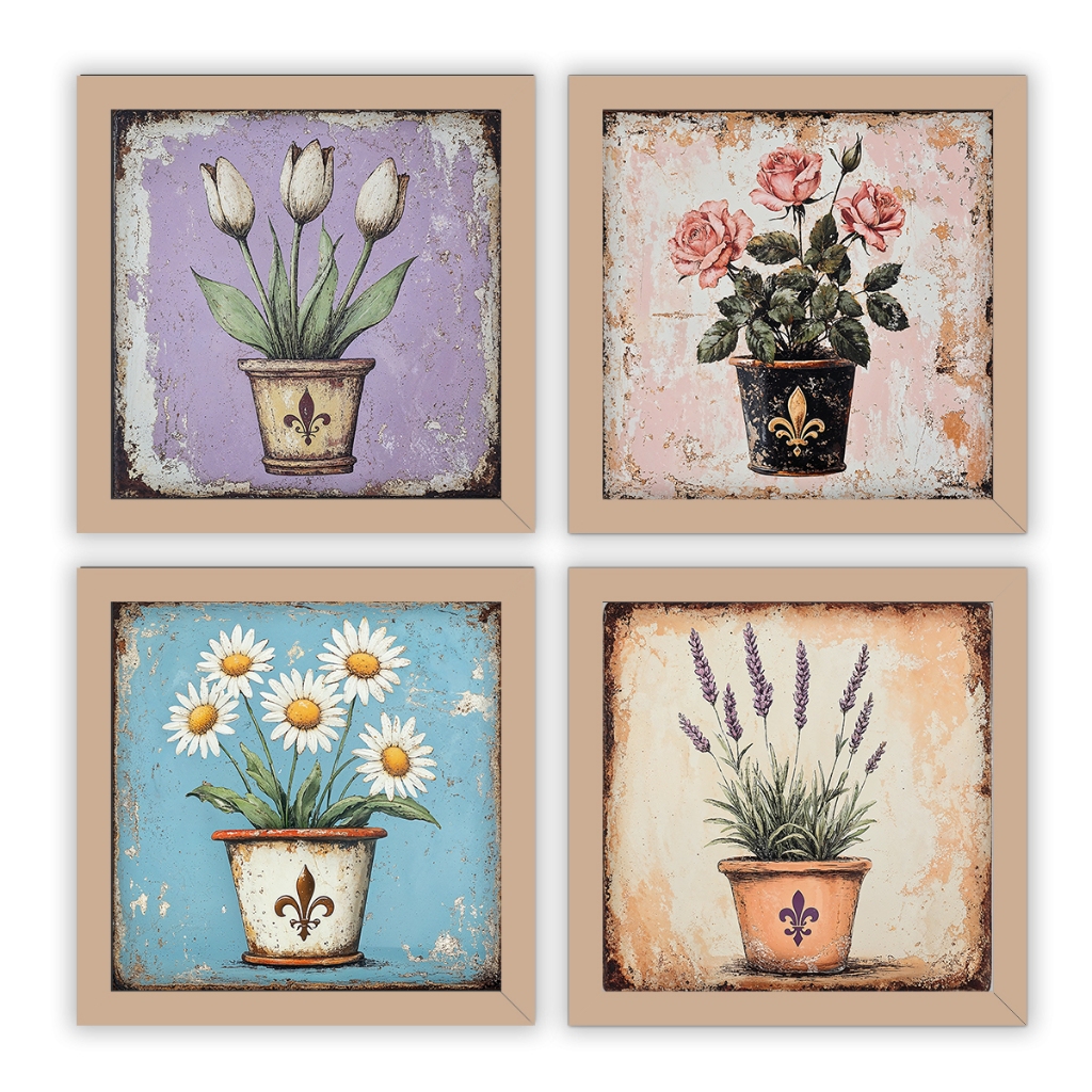 Kit 4 quadros 18x18 cm, sala, banheiro flores, vasos, rusty
