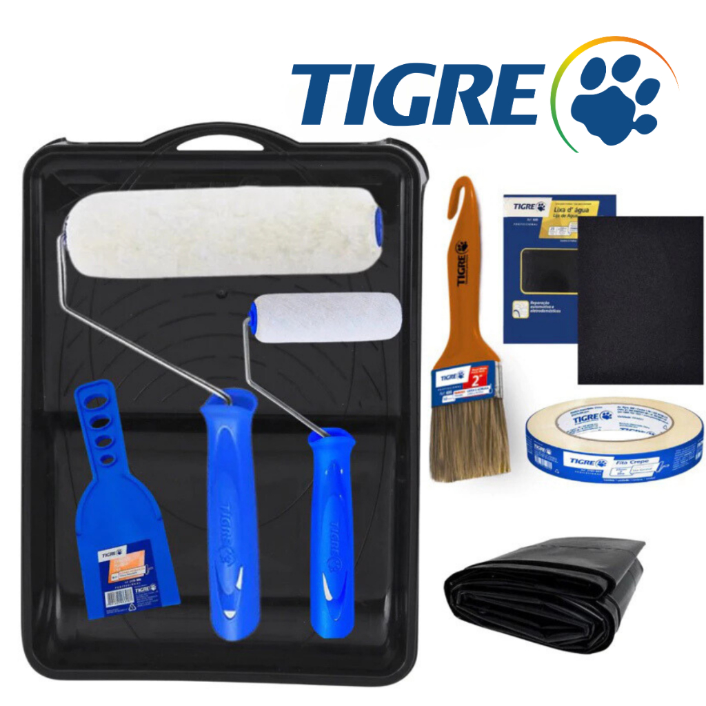 Kit Pintura Econômico Rolo Lã Bandeija Lixa Trincha Lona Espátula Fita Crepe Rolinho 10Pçs Tigre