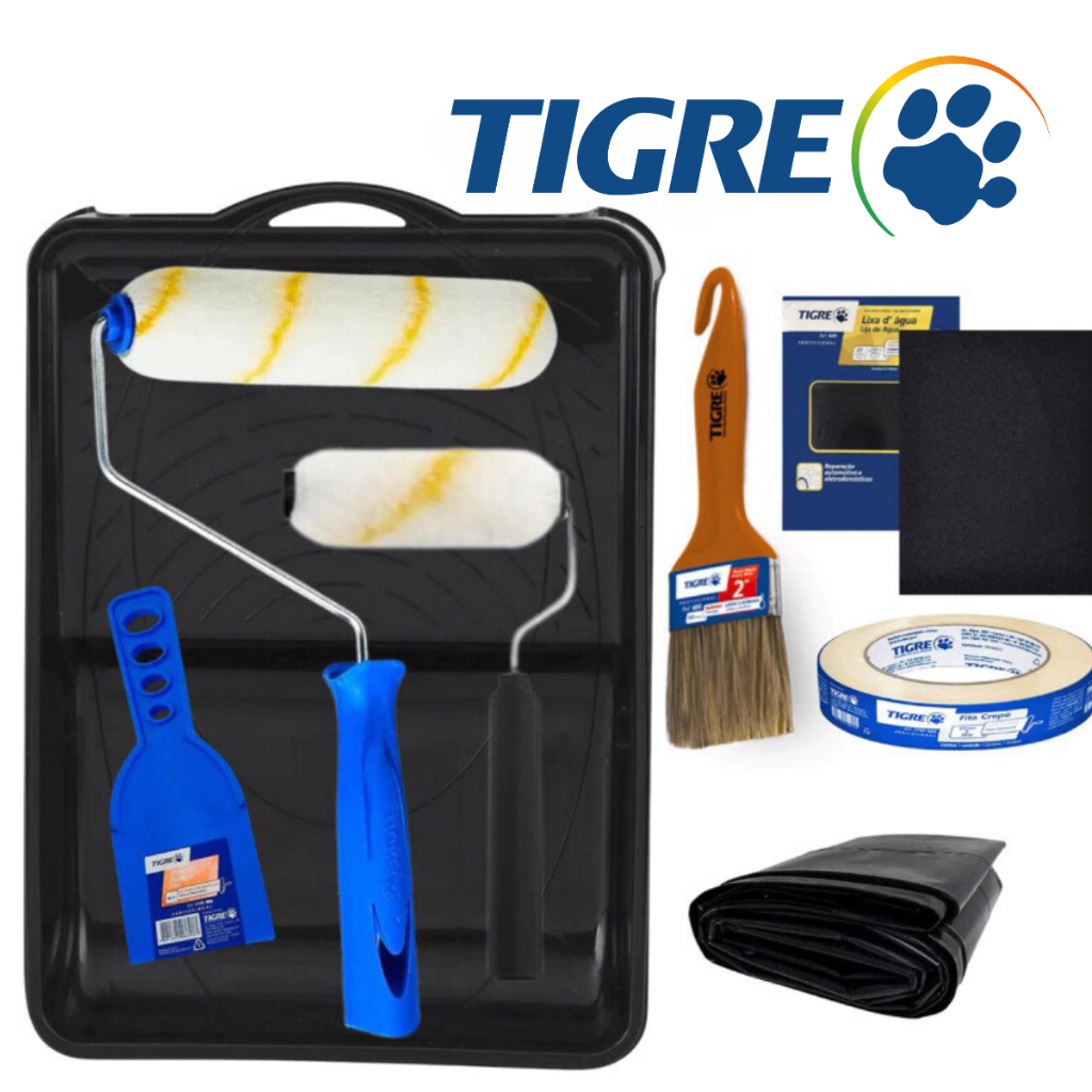 Kit Pintura Completo 10Pçs Rolo Antirrespingo Bandeja Lixa Pincel Lona Fita Crepe Espatula Rolinho