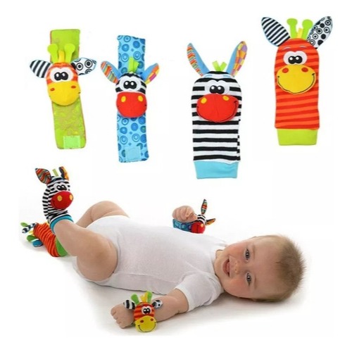 Kit Meia E Pulseira 4 Peças Com Chocalhos Bebê Infantil Cor Colorido Desenho