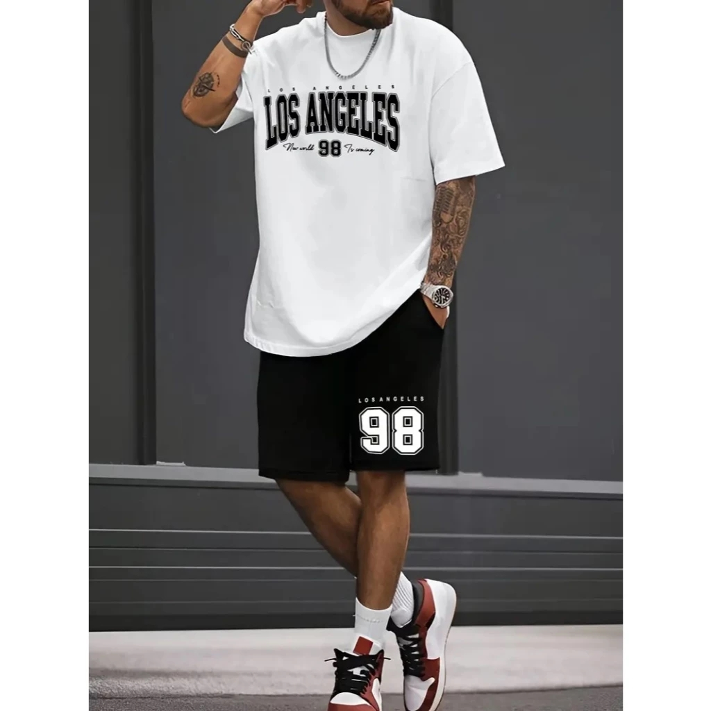 Camiseta e Bermuda Los Angeles 98 Estampado Conjunto Masculino Kit Camisa e Short Moletom