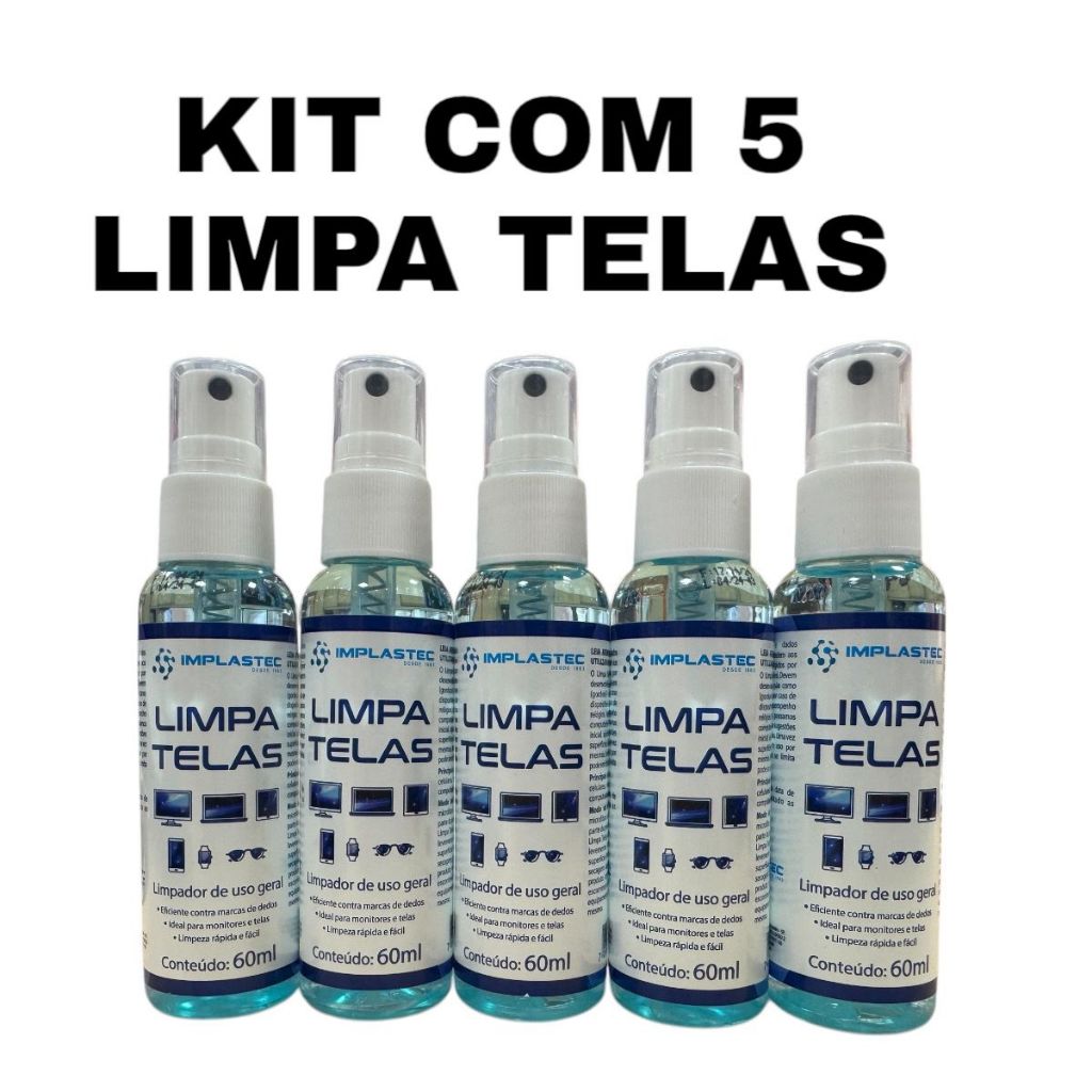 KIT 5 Sprays Limpa Telas Tira Manchas Poeira Monitor Celular Tv Note 60ml Lentes Plasma LCD LED
