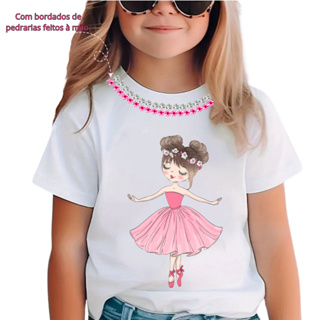 CAMISETA CAMISA BALLET BALÉ BAILARINAS COM 2 CAMADAS DE PEDRARIA BORDADAS OU SEM INFANTIL E JUVENIL em Oferta na Shopee