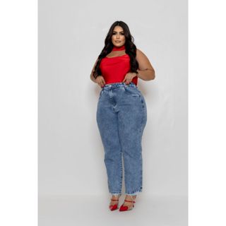 Calça Jeans Mom Feminino Plus Size Azul Marmorizado em Oferta na Shopee