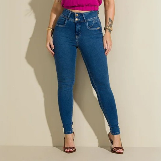 Calça Feminina Jeans Cigarrete Skinny Chapa Barriga Cintura Alta Empina Bumbum Cós Largo Botões
