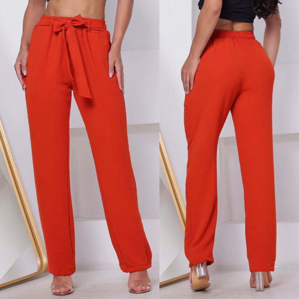 Calça Feminina Duna Pantalona Elástico na Cintura Alta com Bolso e Cinto P ao Extra