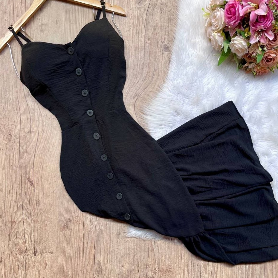 Vestido Midi Botão Sabrina Alça– Preto