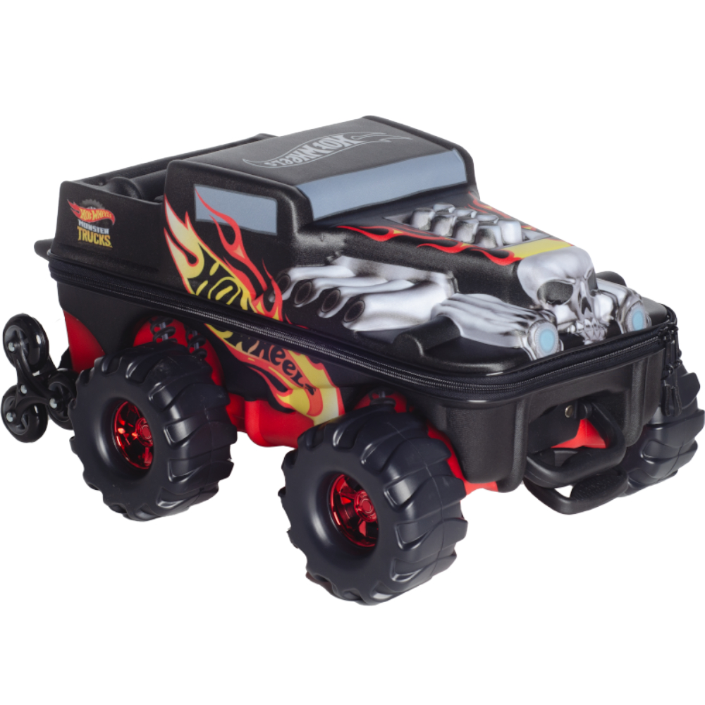 Mochila Hot Wheels 3d Com Rodinhas Bone Shaker Cor Preto
