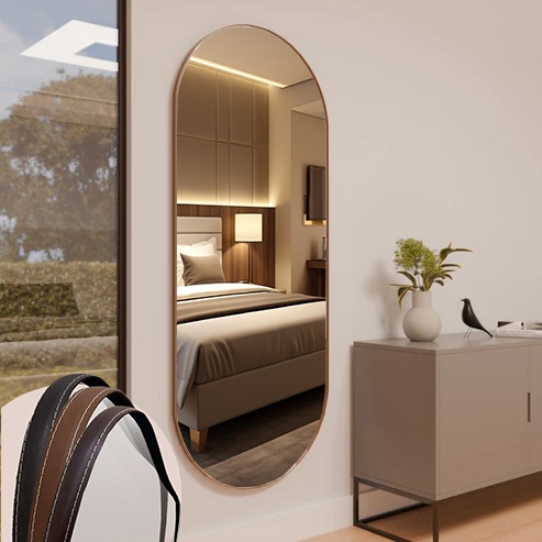 Espelho Oval ME07 Moldura Couro 110x50cm 150x60cm 170x70cm Corpo Inteiro Quarto Sala Banheiro - Home & Living