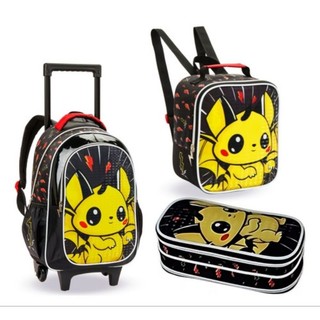 Kit Mochila 3pçs Pokenlex tipo Pokemon Pikachu Menino Infantil Mochila Roda Gel + Lancheira Térmica  + Estojo