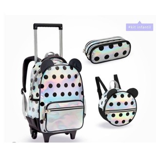 KIT ESCOLAR MOCHILA RODINHA 3PÇS FEMININA INFANTIL HOLOGRÁFICA POA SEANITE COMPLETA