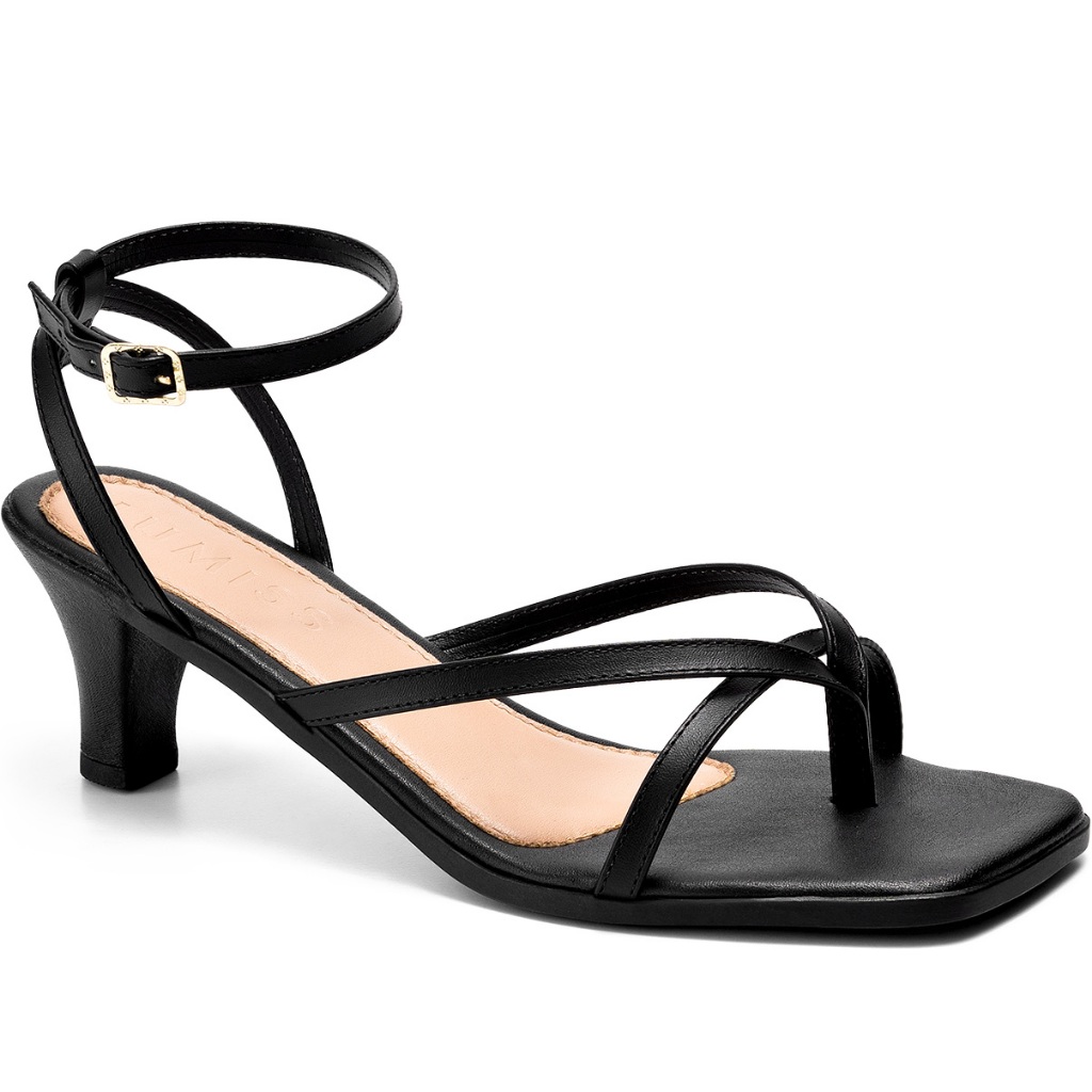 Sandália Feminina Lumiss Salto Baixo Fino Confortável Bico Quadrado Tiras Clássica Preto em Oferta na Shopee