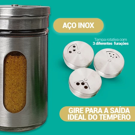 Porta Condimento Tempero Saleiro Paliteiro Pimenteiro Vidro Inox 3 Funções