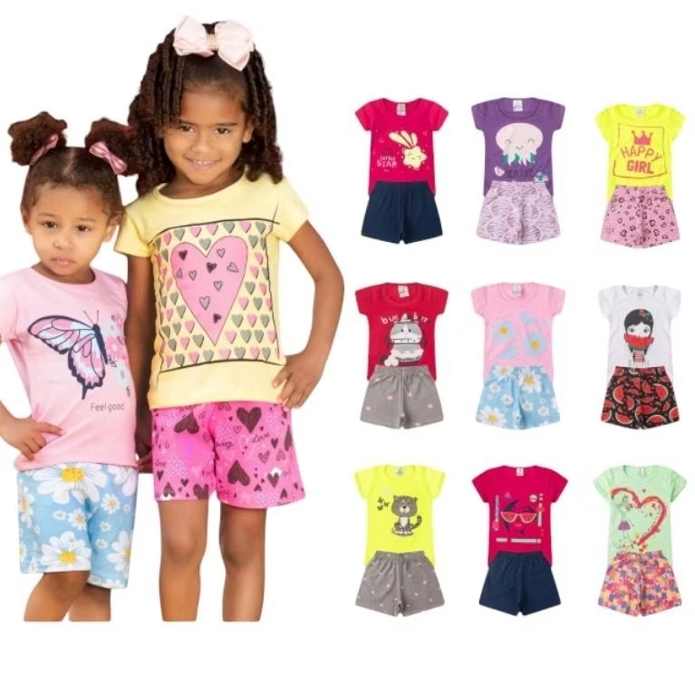 Kit 2 Peças roupa infantil feminina  1 camisa + 1 short algodão nos tamanhos 1 ao 14