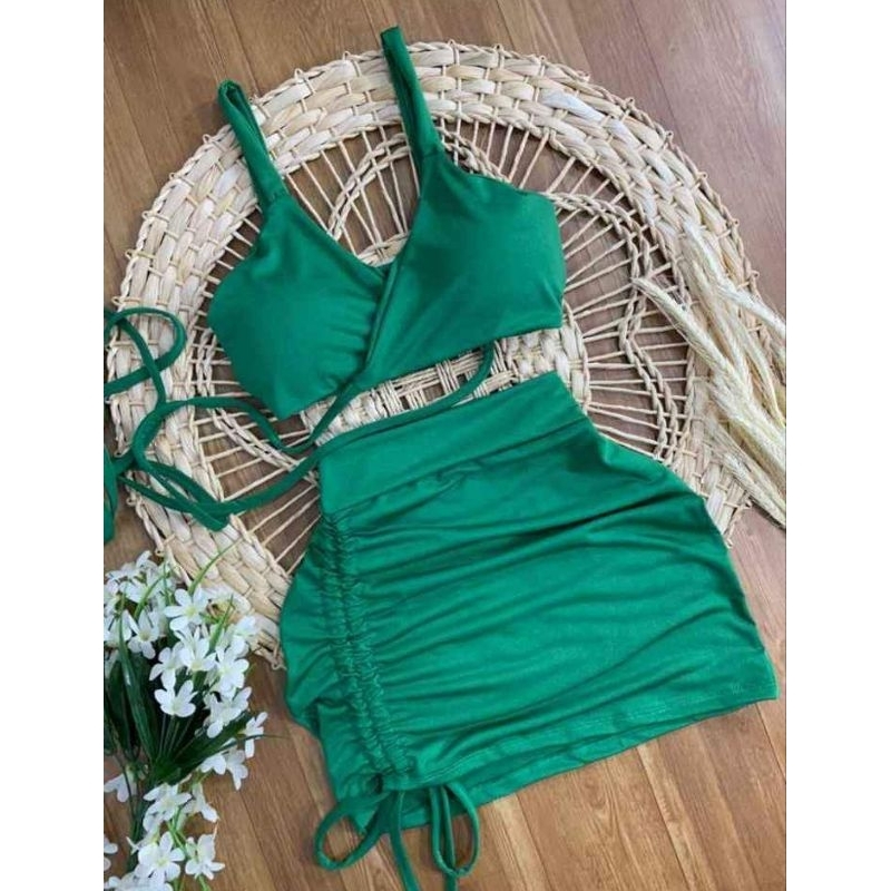 conjunto moda gringa malha canelada carnaval 2025 tendência carnaval traspassado saia franzida