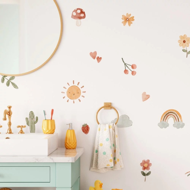 Kit Adesivos de Parede Infantil Boho Aquarela Sol Cacto Flores Nuvem Sol Estrelas