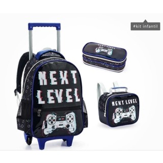 kit Mochila 3pçs  Menino Infantil  Mochila Game Next Level com Roda Gel + Lancheira Térmica + Estojo Denlex