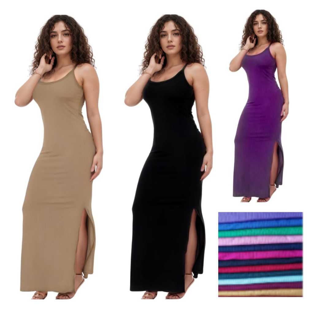KIT C/3 Vestidos Canelado Longo com Fenda