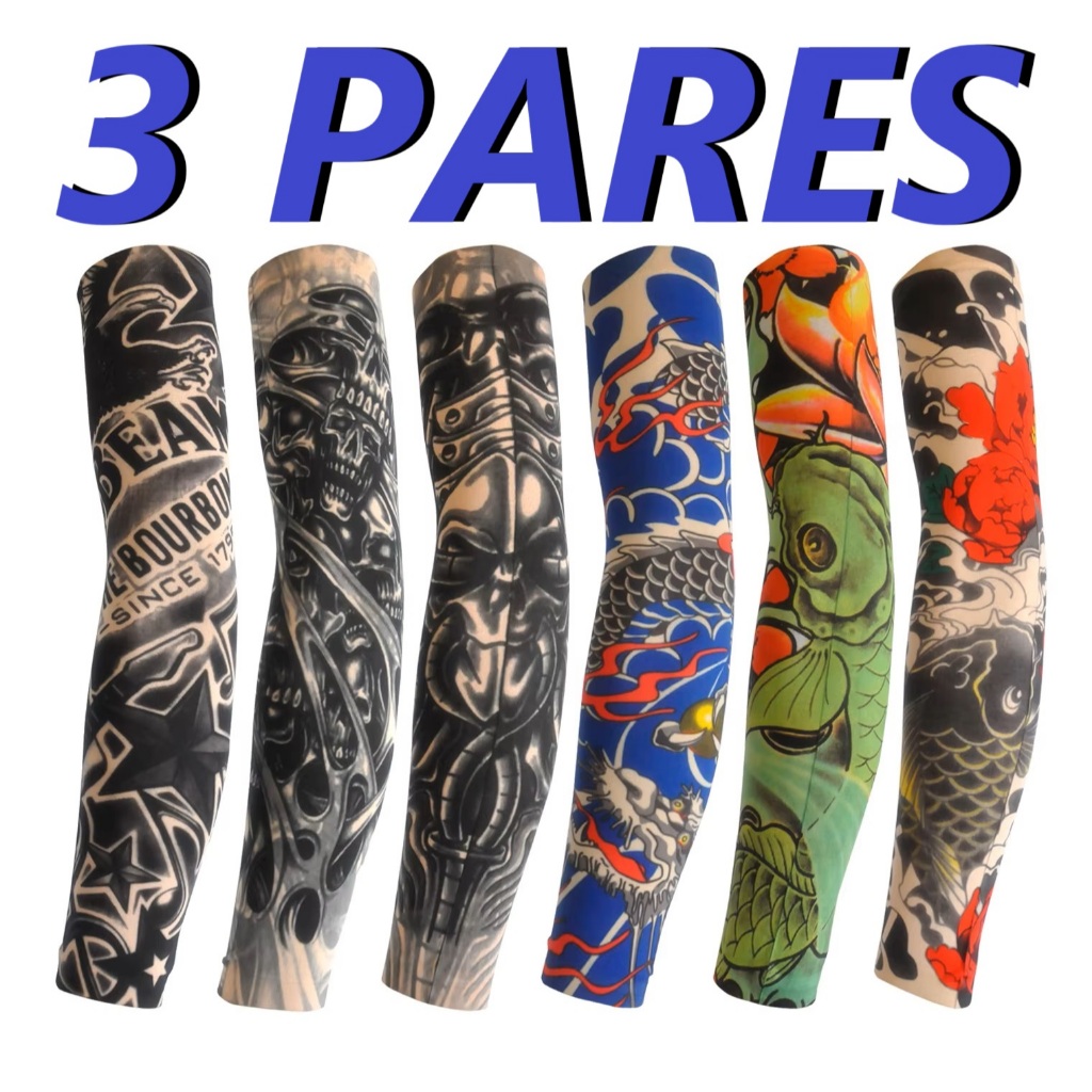 Kit com 03 pares de manguito manga tattoo tatuagem falsa mangote