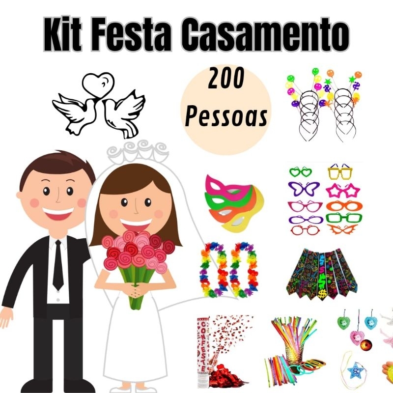 Kit balada 200 pessoas para casamento, Pulseiras, Gravatas, Óculos, Tiaras, Máscara, lança Confete.
