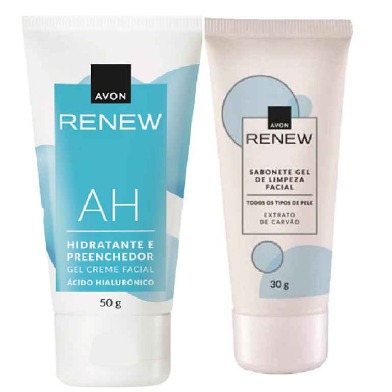 Preenchedor Ácido Hialurônico Hidratante Facial e Gel Limpeza Facial Com Extrato de Carvão Kit Renew Avon