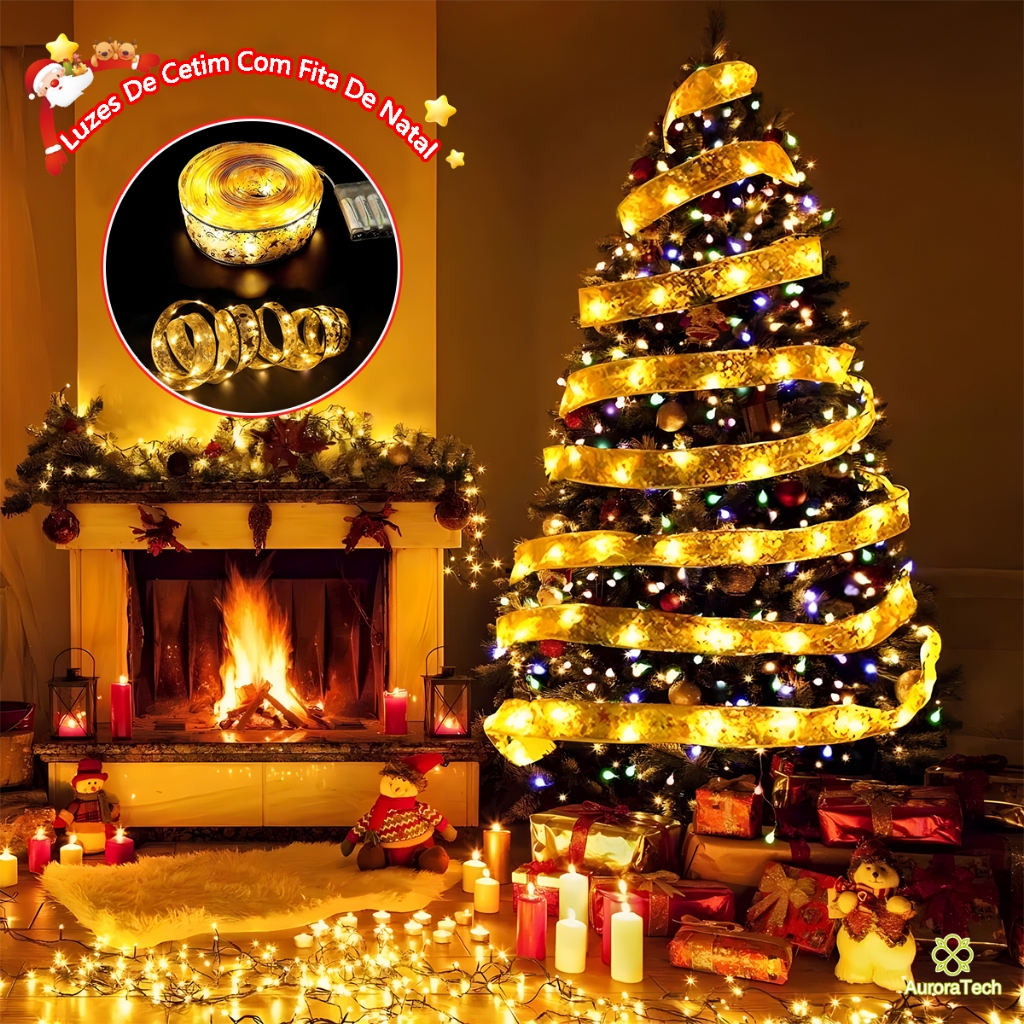 2M 6M 10M Luzes De Cetim LED  Com Fita De Natal Enfeites De Natal Dourado Com Fitas Dupla Decorativa