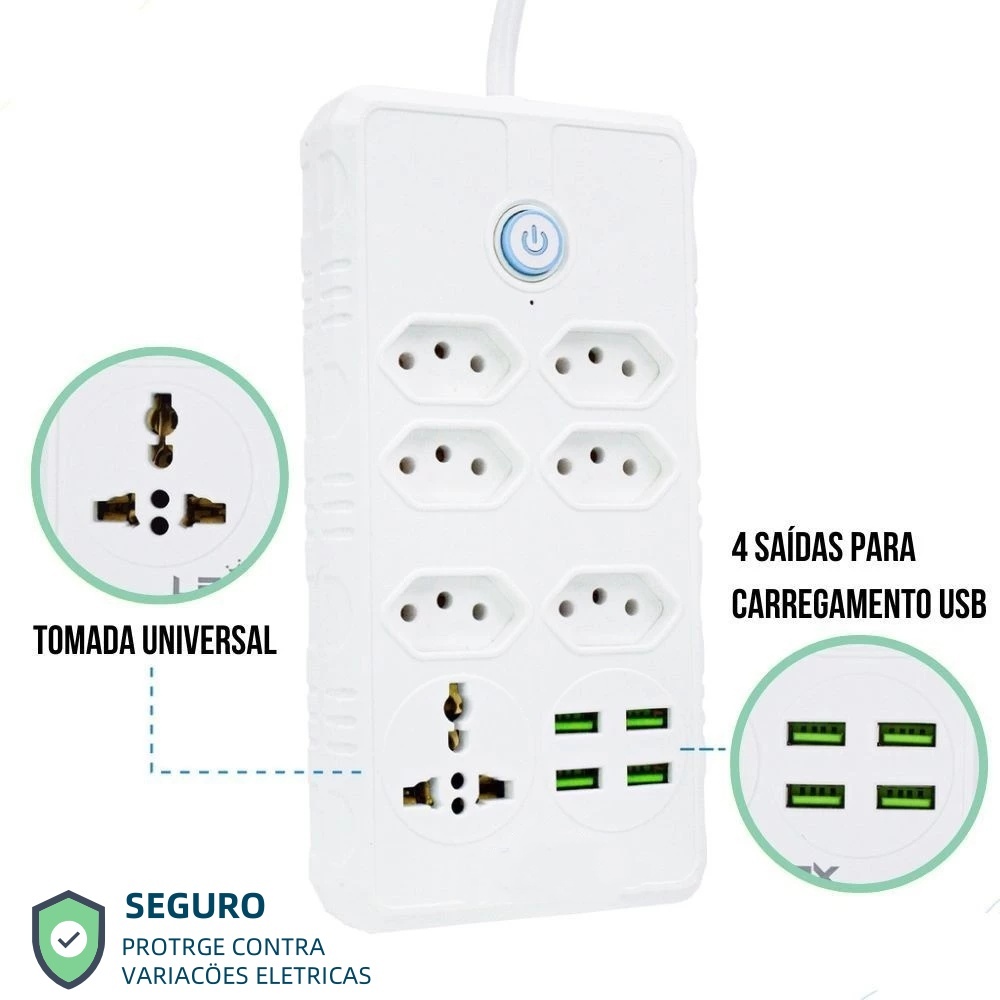 Régua Filtro de Linha com 7 Tomadas Extensão Elétrica 1 Universal 4 USB Bivolt 10A 110v/22...