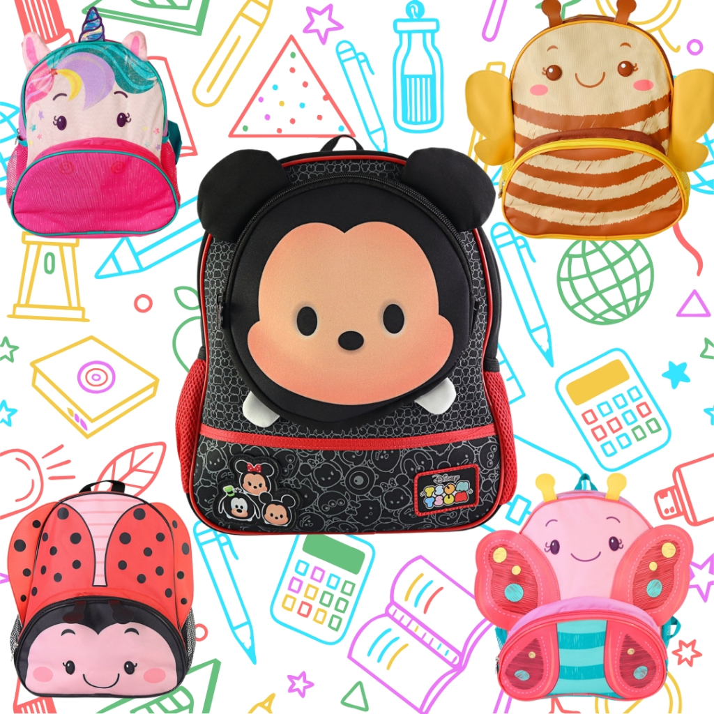 Mochila Escolar de Costas Com Alça Infantil Mickey Unicórnio Joaninha Abelha Borboleta