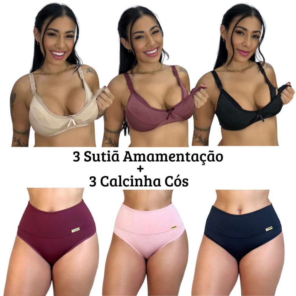 3 Calcinha Compressão + 3 Sutiã Amamentação
