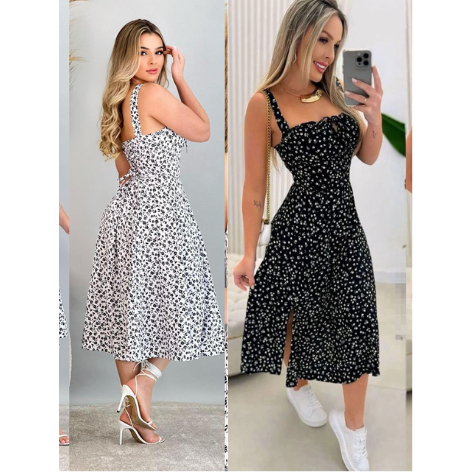 Vestido Mídi Romântico Estampado  Floral com Alça e Elastex Cruzado Costa O1 em Oferta na Shopee