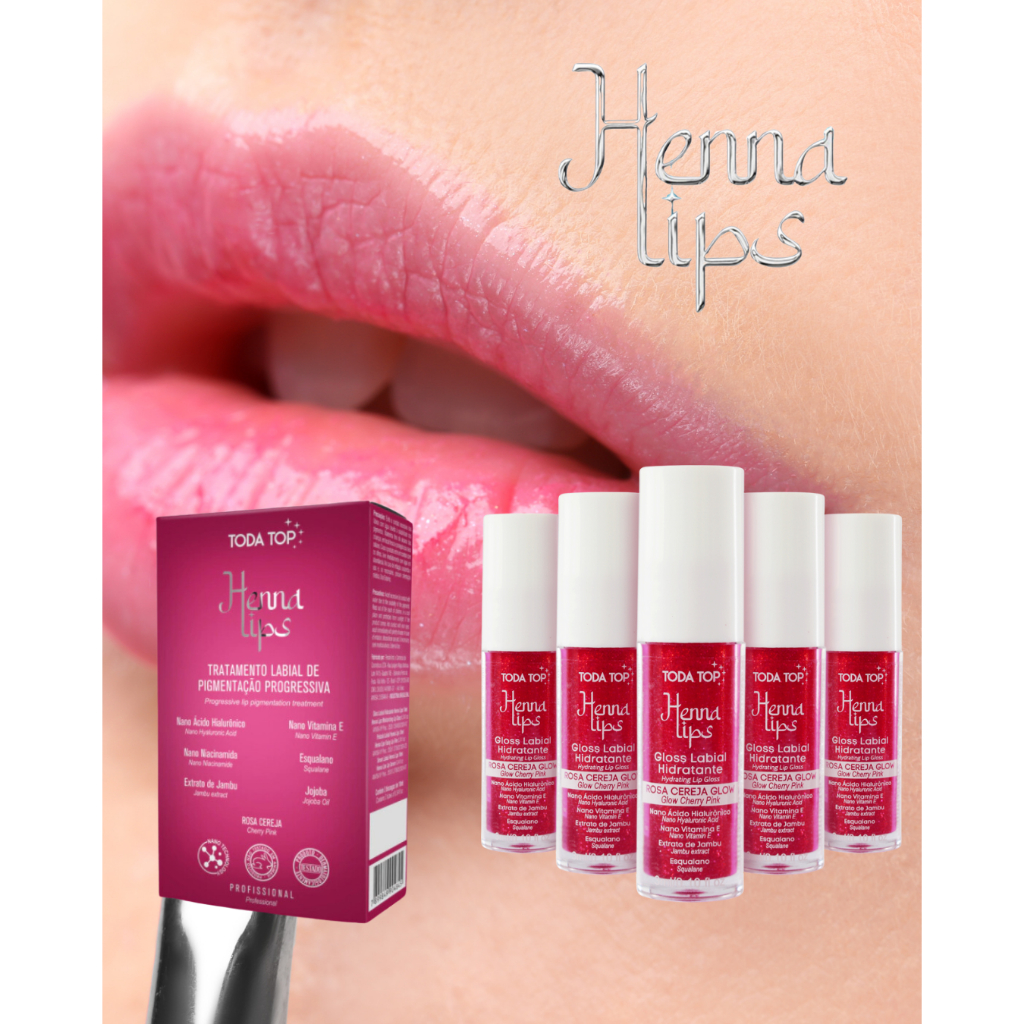 Henna Labial Rosa + Gloss Rosa com Glitter Toda Top  Kit Hidratação 40 aplicações