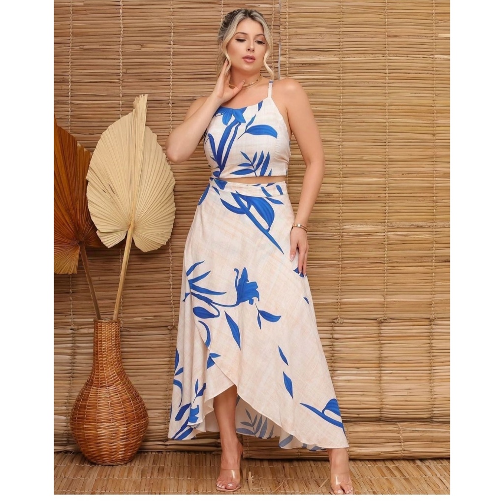 Conjunto Feminino Saia Envelope e Cropped frente Única Conjunto Saia Midi e blusa de Amarrar nas costas