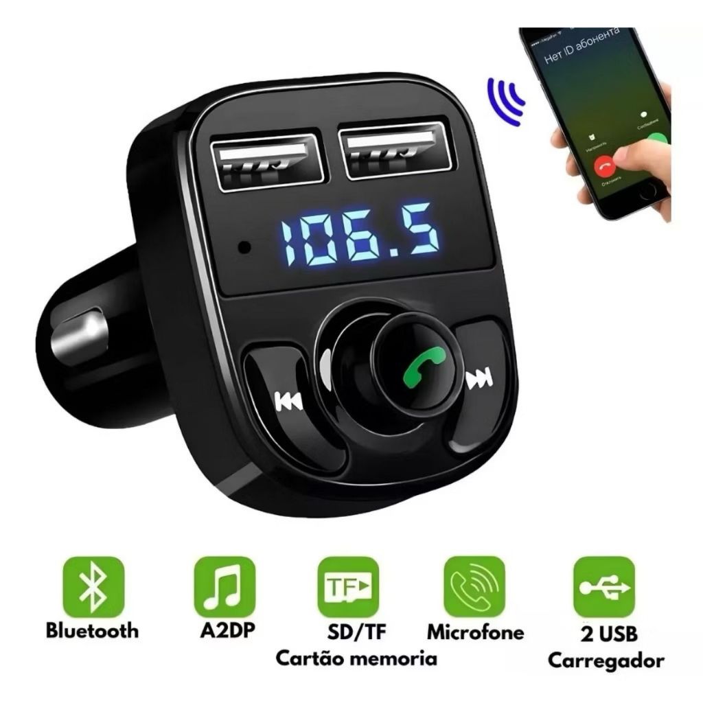 Adaptador Bluetooth Carro Transmissor FM Carregador Veicular Sem Fio Compatível com Android e IOS - x8 em Oferta na Shopee