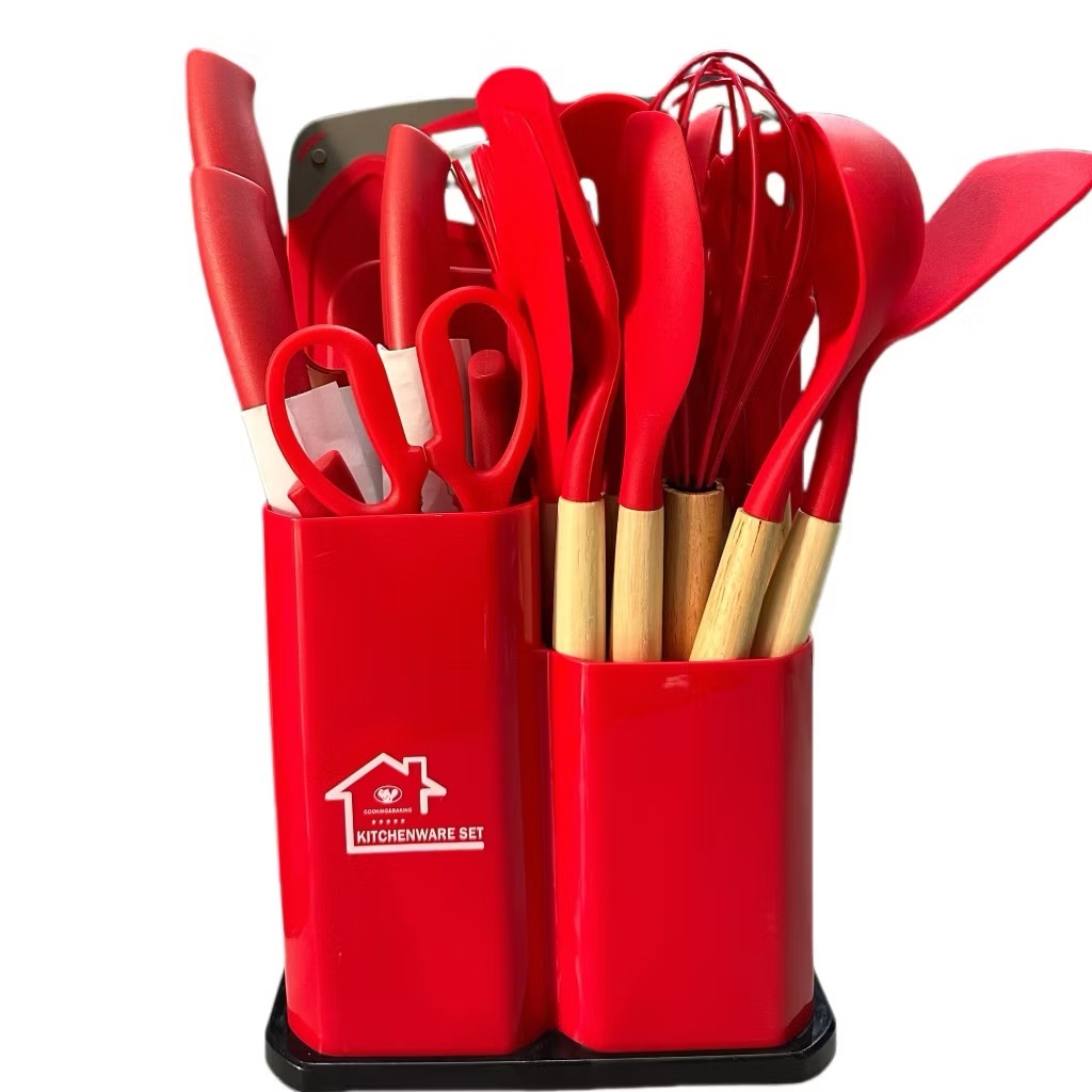 Kit Utensílios de Cozinha 19 Peças em Silicone + Cabo de Madeira + Suporte + Tábua