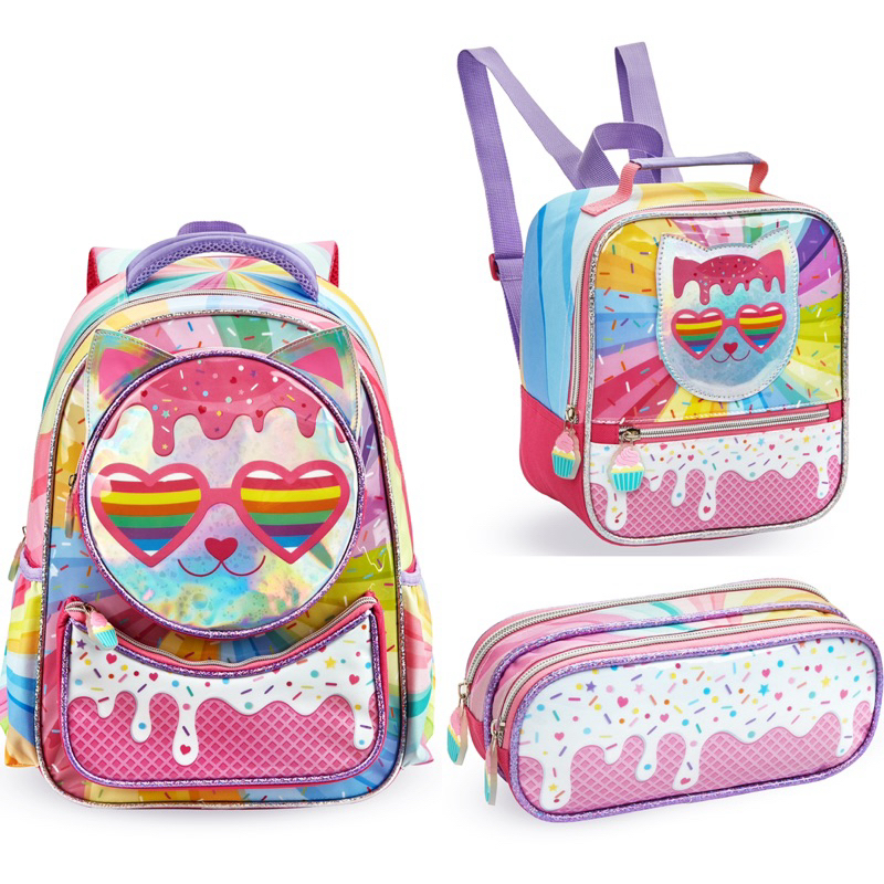Venda Separada; Mochila, Lancheira e Estojo Feminina Infantil Térmico Gatinha Holográfica em Oferta na Shopee