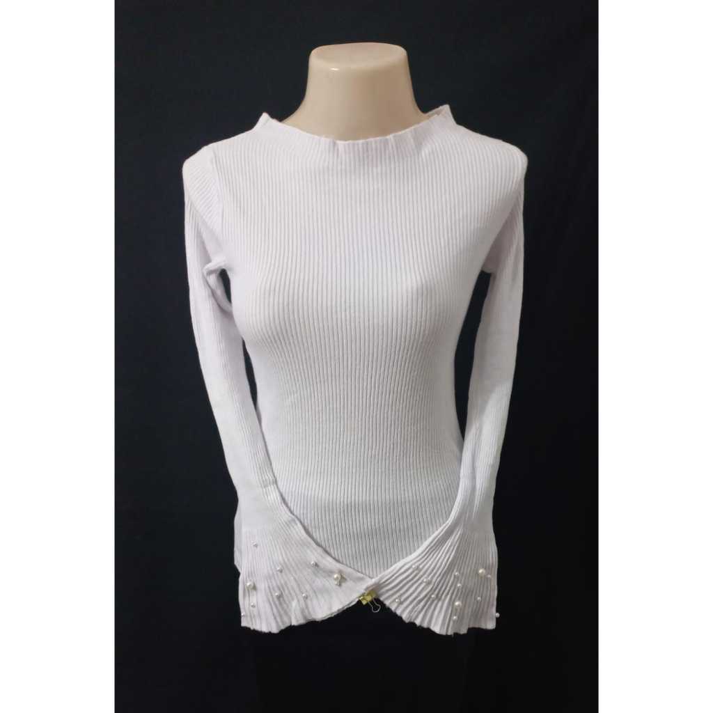 BS 869 - Blusa suéter feminina branca, HQ8o, poliéster com algodão canelado, manga flare com pérolas, tamanho único